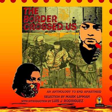 The border crossed us book cover. A man is blind folder and two border patrol officers arrested him
