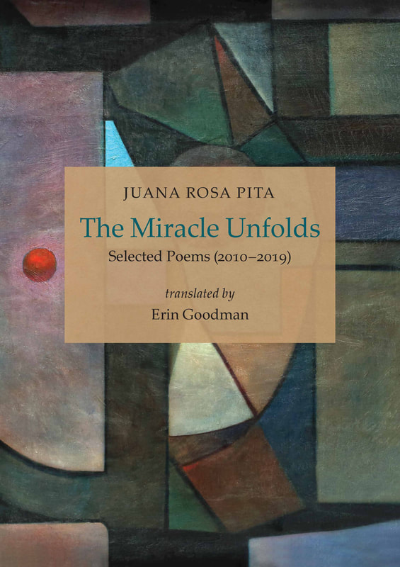 The front cover of Juana Rosa Pita's book titled The miracle unfolds. There is a cubism colorful art