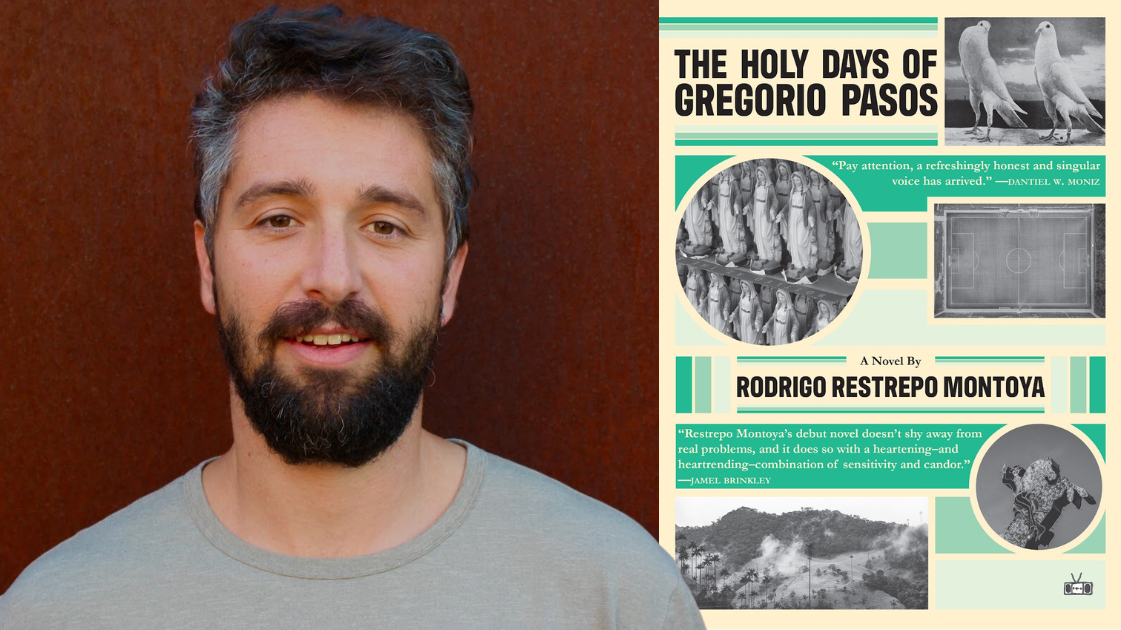 Rodrigo Restrepo Montoya and the front cover of his book titled The Holy days of gregorio pasos