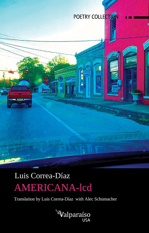 The front cover of the book Americana lcd. There is a picture of  a red truck on a street and colorful buildings on the side.