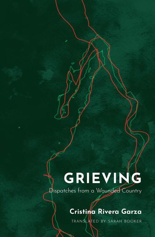 Book cover of Grieving. Squiggly lines on a dark green background.