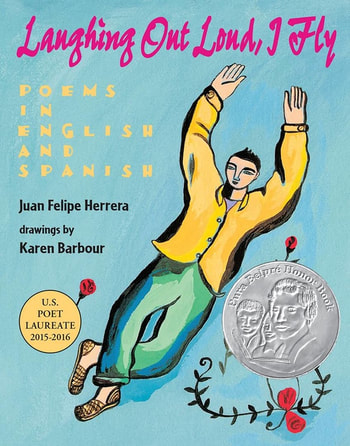 Book cover of Laughing out loud, I fly by Juan felipe herera. A man is flying .