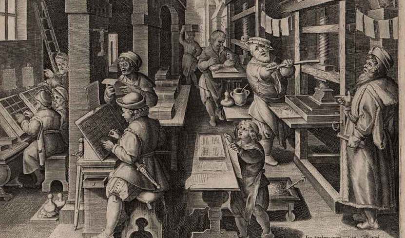 old etching of a printing press