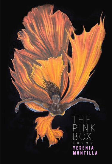 Cover of book titled The pink box by Yesenia Montilla. A womoan on a dress floating with a  black background