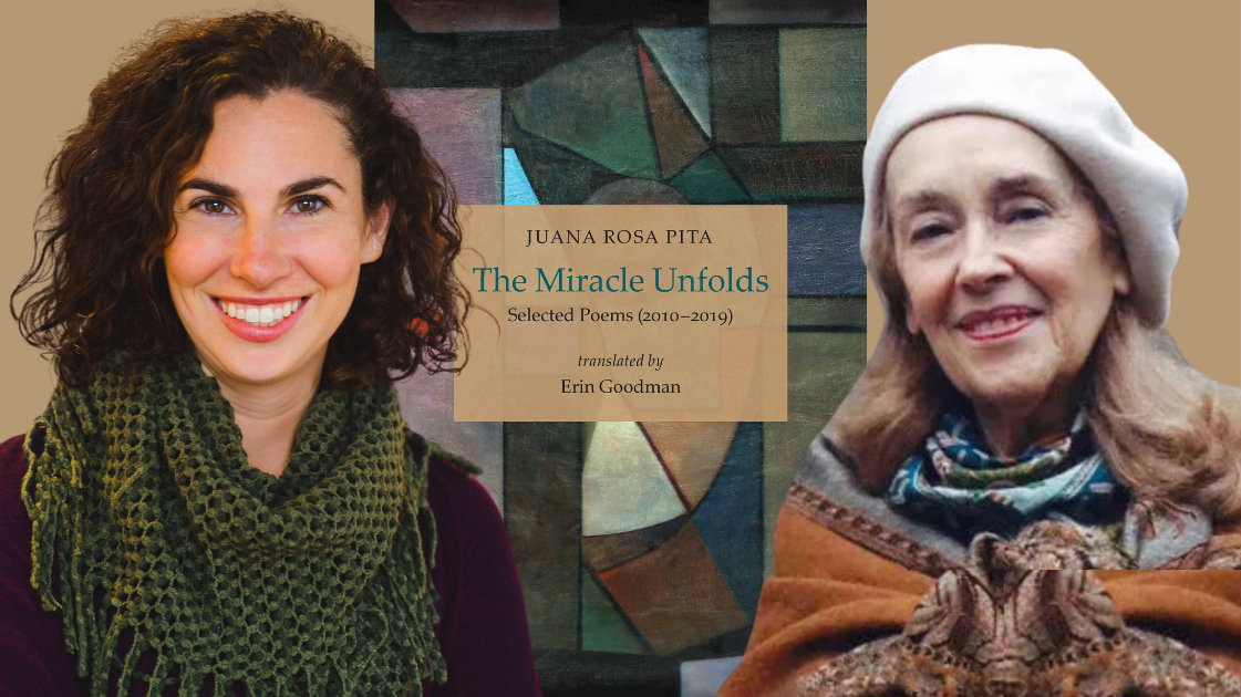 Juana Rosa Pita and Erin Goodman and the front cover of Juana's book titled The miracle unfolds